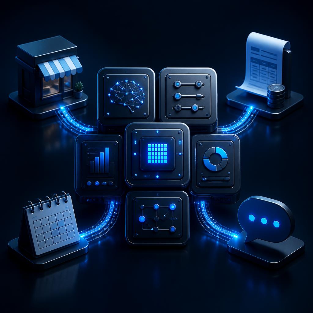Dark 3D editorial render of glowing modular AI automation panels connecting small business icons — storefront, invoice, calendar, chat — via electric-blue data cables