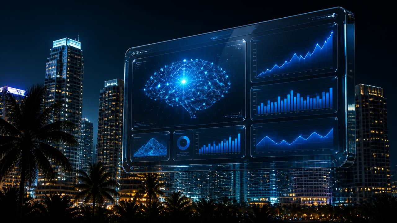 Dark 3D editorial render of a glass AI analytics dashboard with a glowing neural-network brain and rising revenue charts floating above the Brickell Miami skyline at night