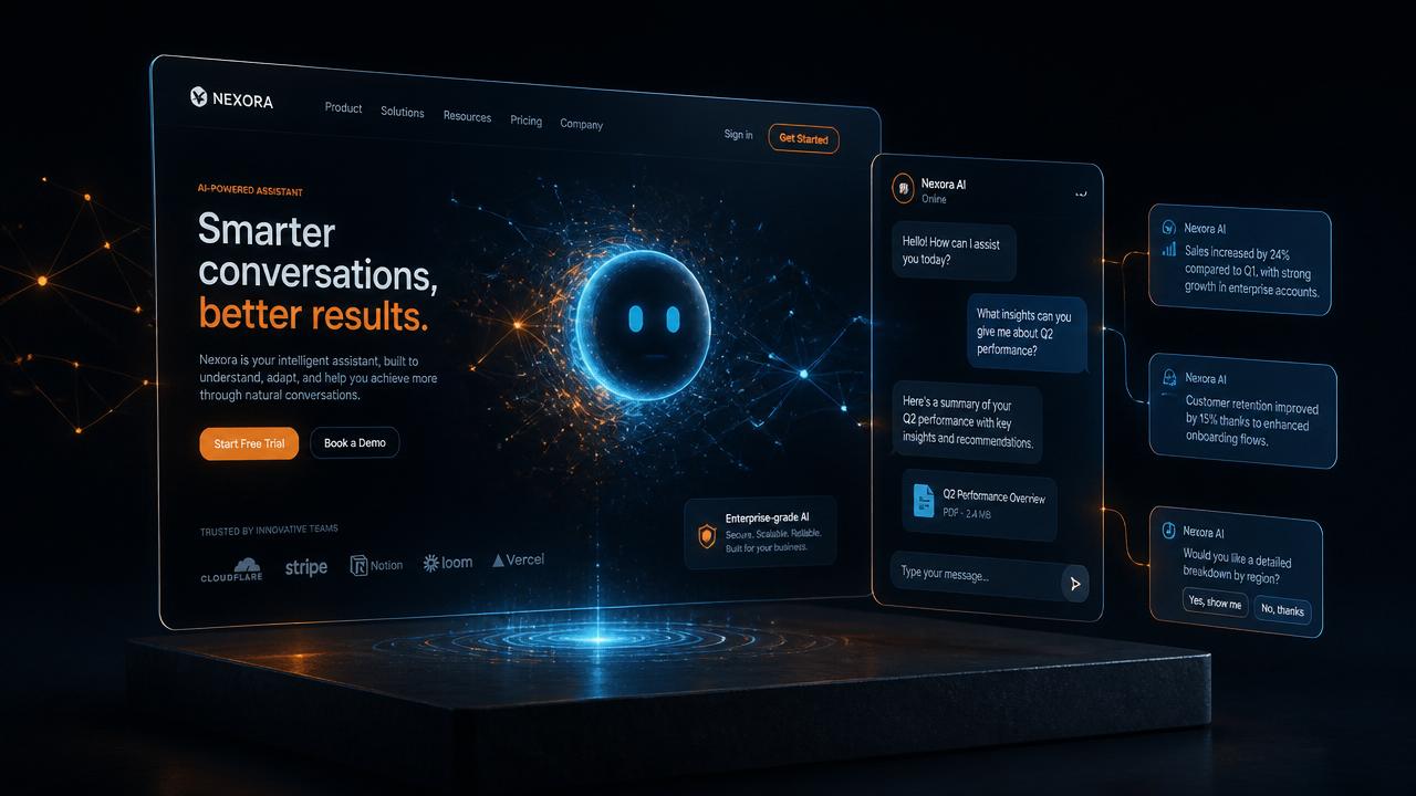 Dark 3D editorial render of a modern website UI with a glowing AI chatbot interface, neural network nodes and holographic conversation bubbles on a deep navy background