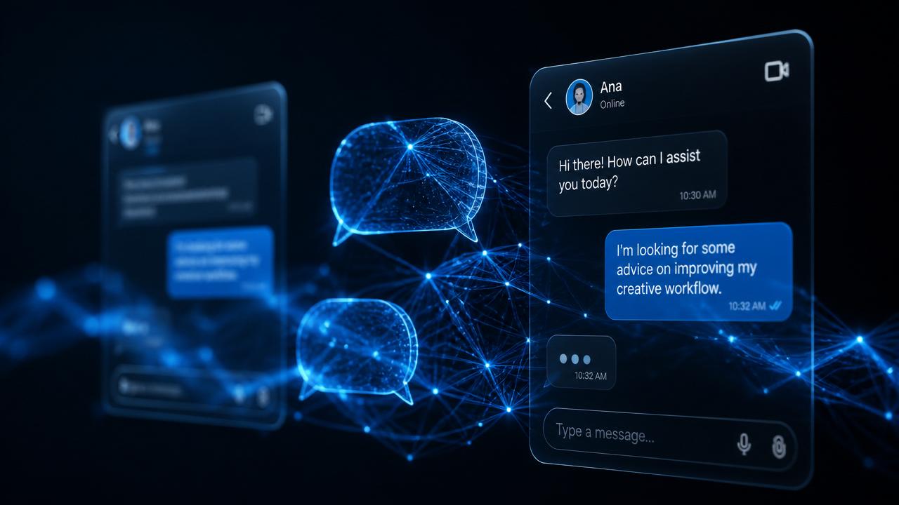 Holographic chat interfaces connected by a glowing neural network on a dark background