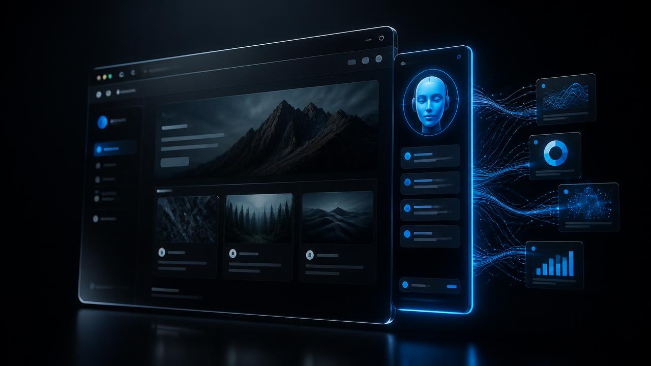 Dark 3D editorial render of a modern glass browser window with a glowing electric-blue AI assistant panel docked beside it, connected by neural filaments to floating analytics cards
