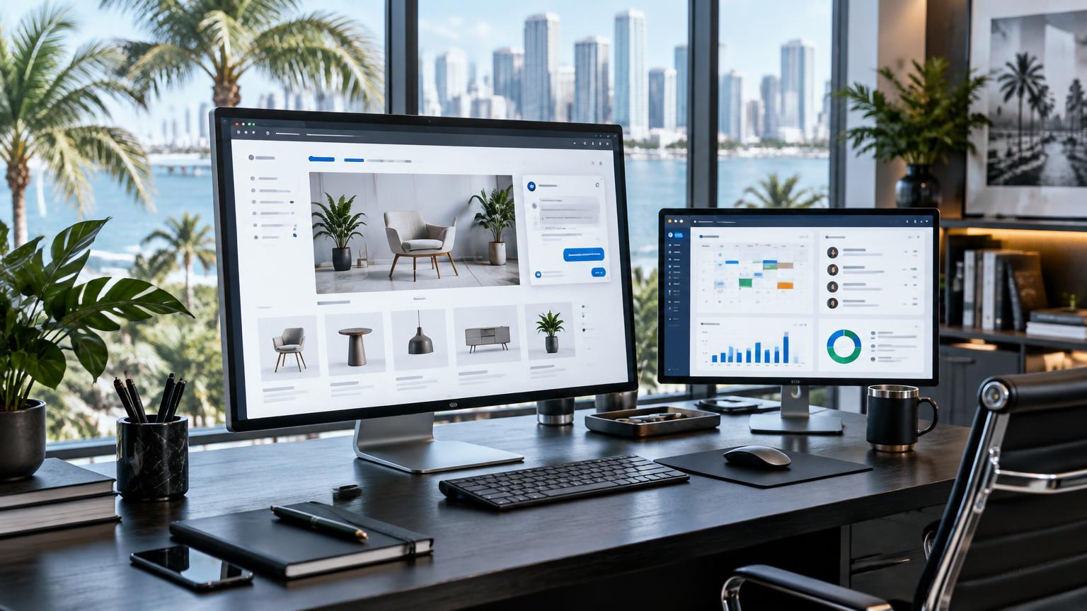 Professional Miami workspace with a product website and conversational assistant on one monitor and booking and customer pipeline information on another