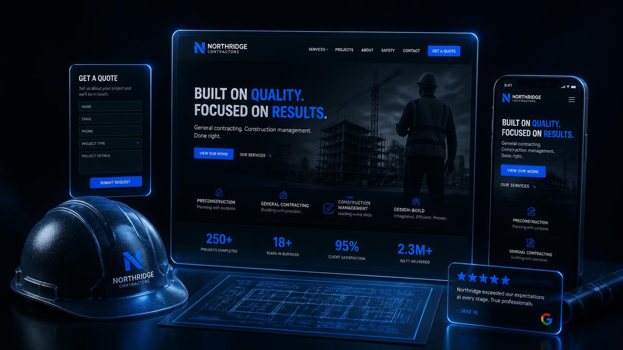 Dark 3D editorial render of a modern contractor website floating as a glowing glass panel beside a frosted hard hat, a blueprint, a quote-request form card, a five-star review chip, and a mobile layout, lit with electric blue accents