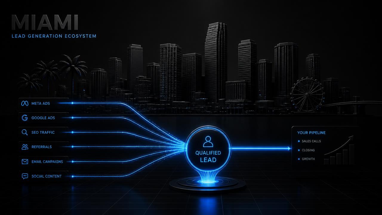 Dark 3D editorial render of the Miami skyline with glowing blue lead-generation channels converging into a single qualified lead node