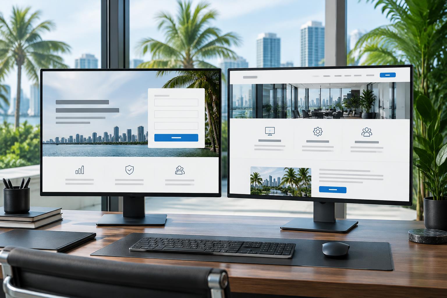 Two monitors in a Miami studio showing a focused lead-generation landing page alongside a full business website with service navigation