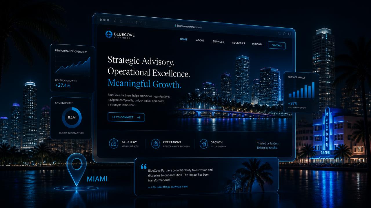Dark 3D editorial render of a modern business website as a glowing glass browser panel above the Miami skyline at night with palm trees, a location pin, and floating analytics cards in electric blue