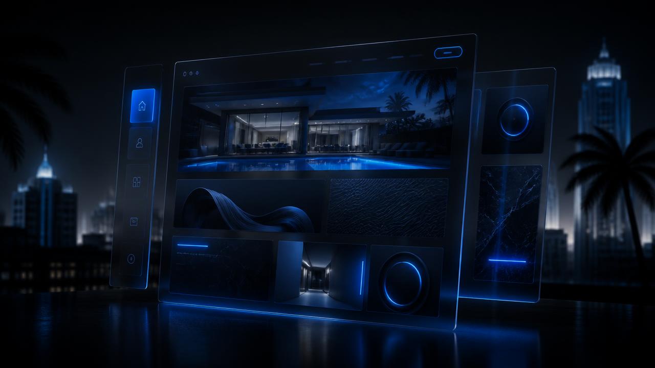 Dark 3D editorial render of a modern glass website interface with layered translucent panels and electric blue neon lighting, Miami art-deco skyline and palms in the background