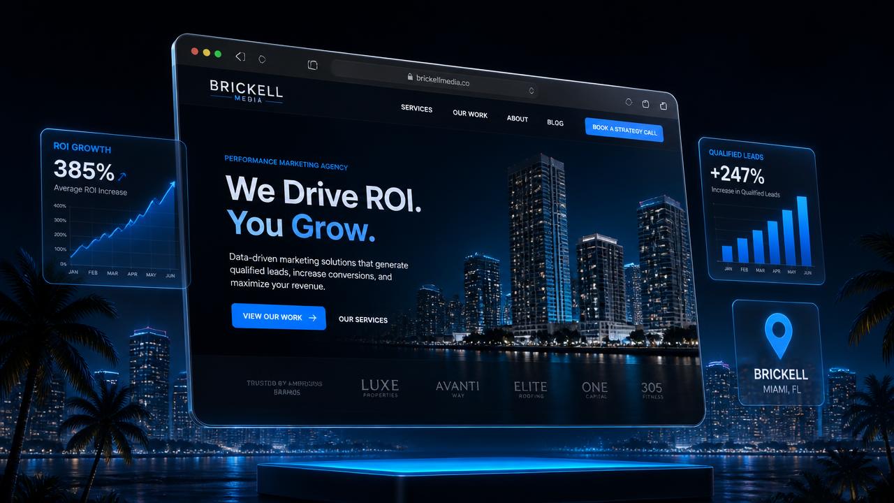 Dark 3D editorial render of a modern business website in a glass browser panel floating above the Brickell Miami skyline at night with electric-blue ROI and lead-growth charts