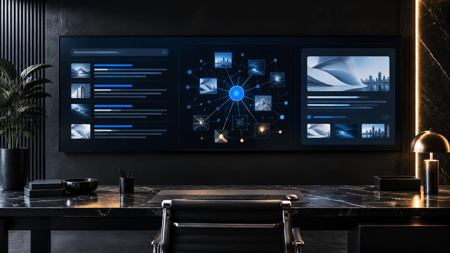 Three search discovery views on a dark studio display: traditional results, connected sources, and a concise AI answer