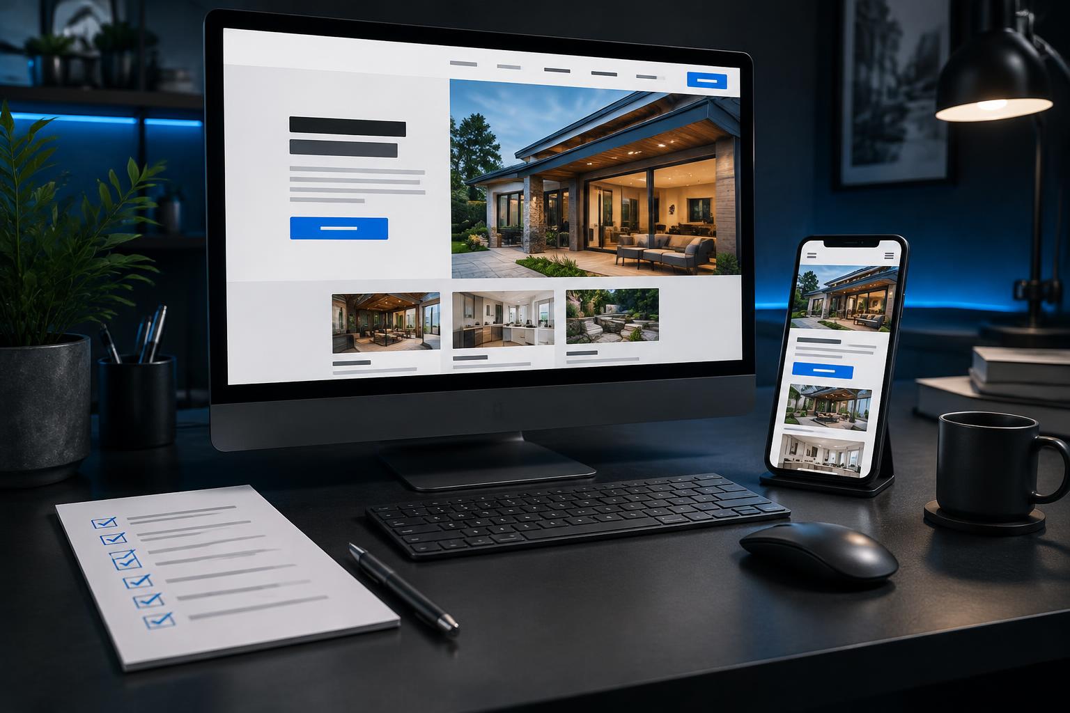 Desktop and mobile small-business website layouts beside a printed website audit checklist in a modern workspace