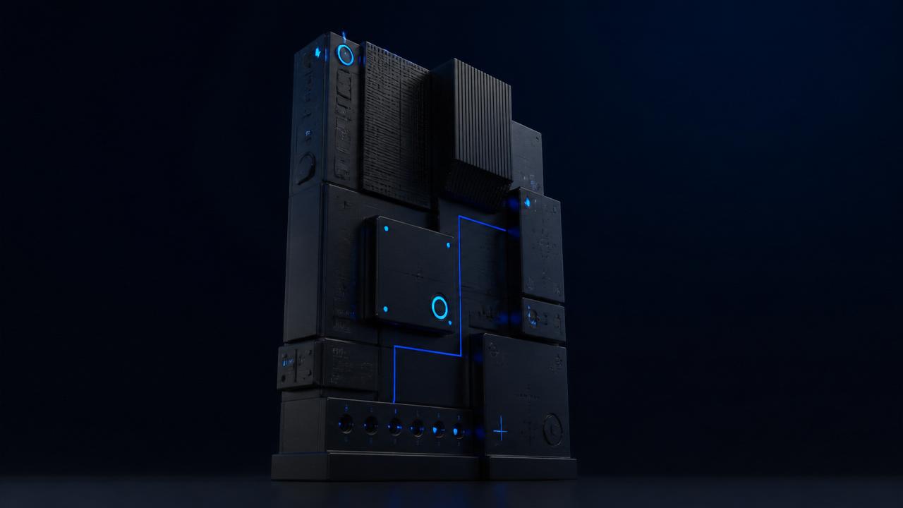 Matte-black modular tech monolith with glowing electric-blue circuit lines on a dark background