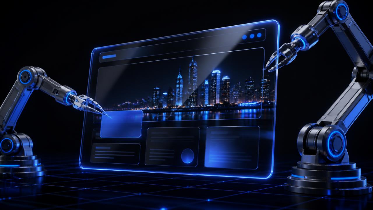 Dark 3D editorial render of robotic arms assembling a glowing glass website interface reflecting the Miami skyline at night, with electric blue neon accents