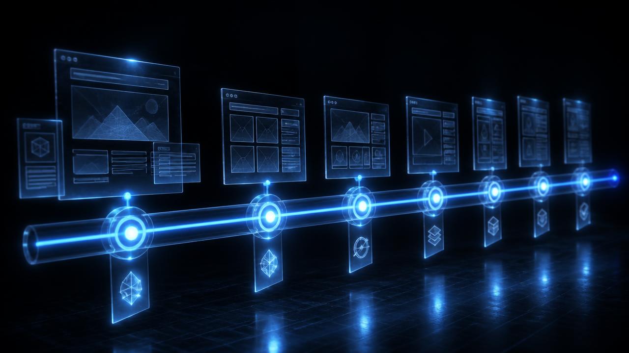 Dark 3D editorial render of a glowing blue glass project timeline with sequential milestone nodes and floating website wireframe panels