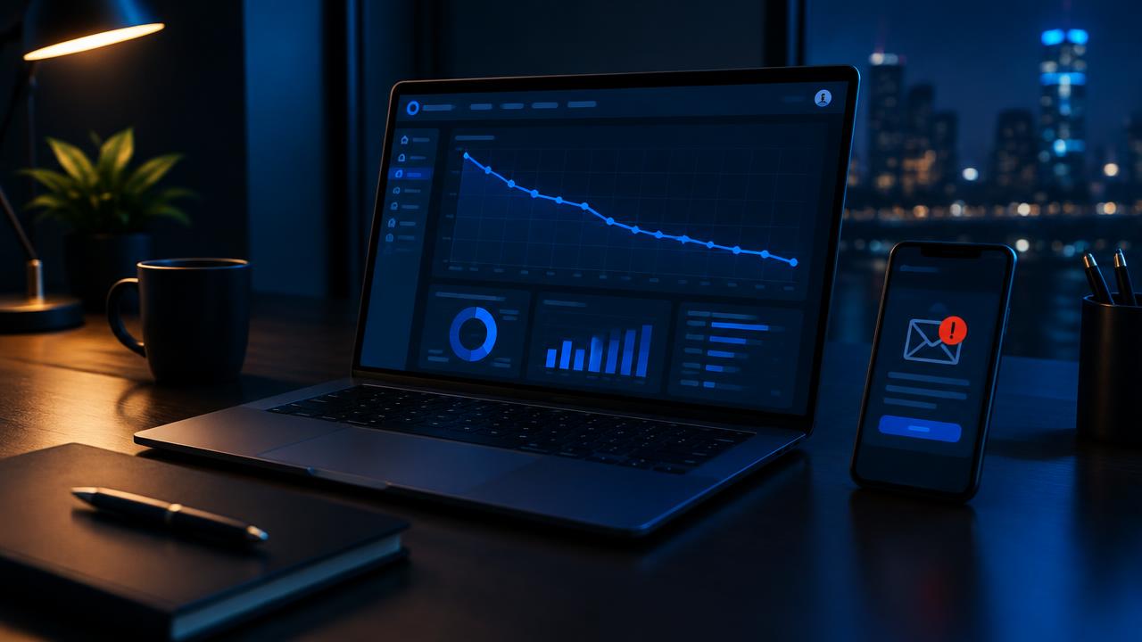 Laptop showing a declining website conversion chart beside a smartphone displaying a failed contact form alert on a dark desk