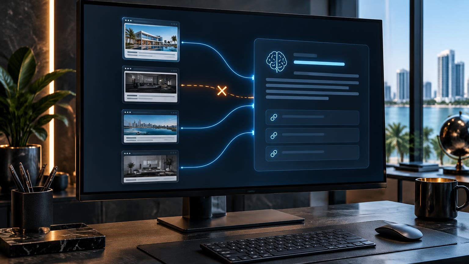 Website pages connected to an AI answer on a desktop monitor, with one source connection visibly interrupted