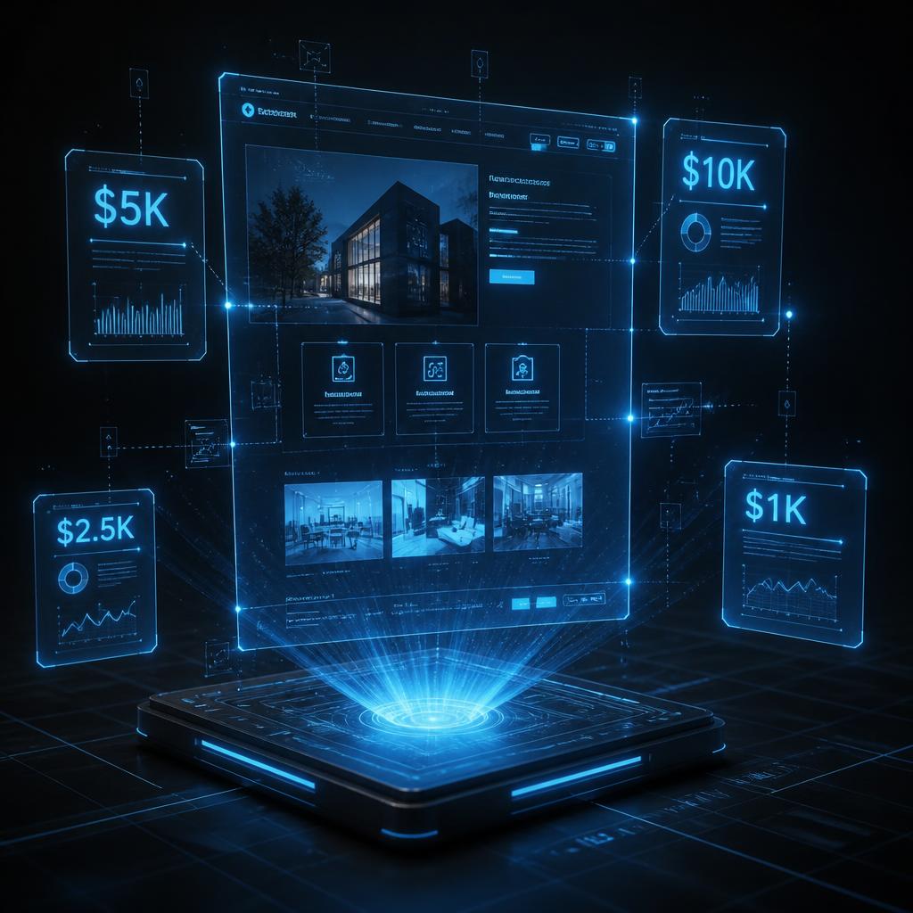 Dark 3D editorial render of a holographic website blueprint on a glowing platform, surrounded by floating price cards showing $1K, $2.5K, $5K and $10K tiers
