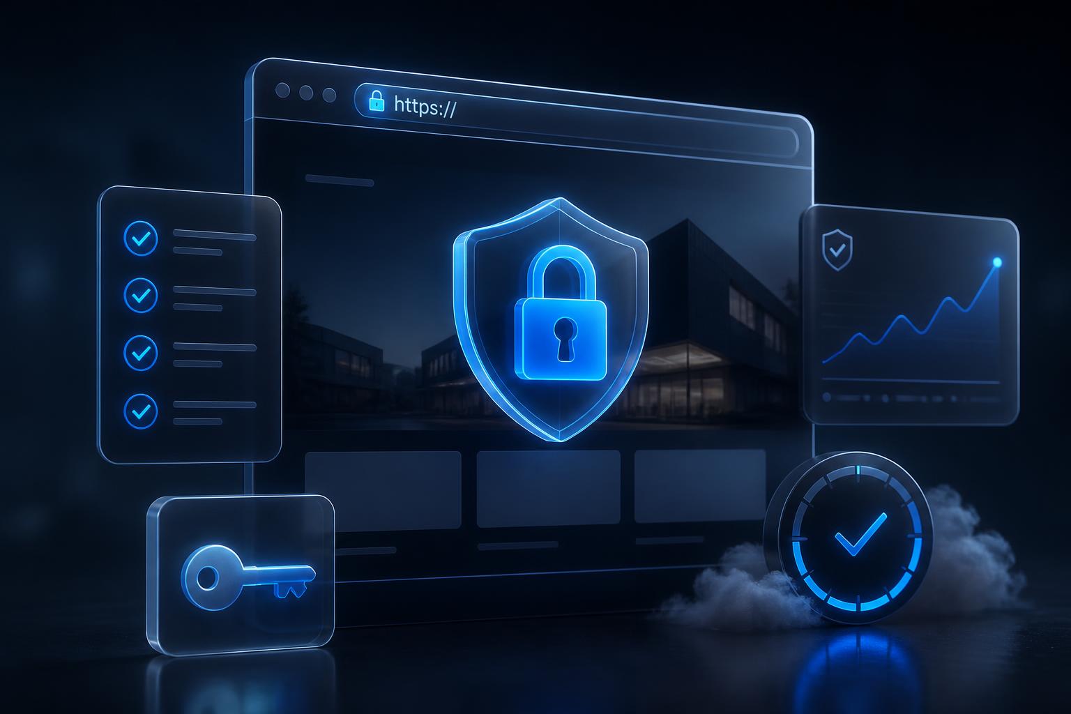 Dark 3D editorial render of a modern business website as a glowing glass browser panel with an HTTPS padlock shield, a security checklist card, an encryption key, and an uptime graph, lit with electric blue accents