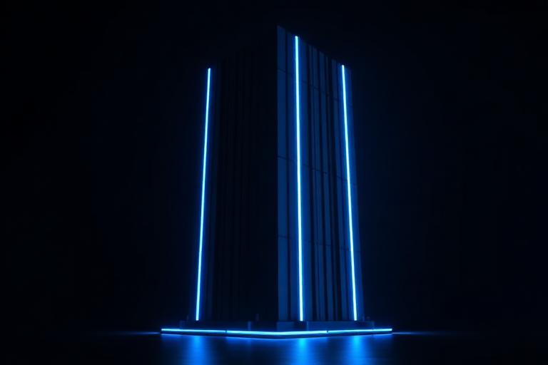 Matte-black enterprise monolith with blue edge lighting