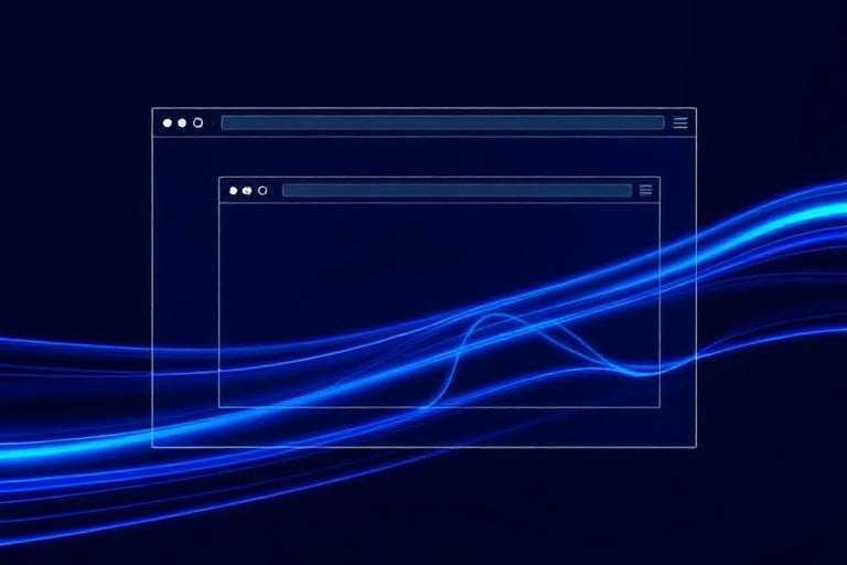 Stacked browser windows with blue speed motion lines