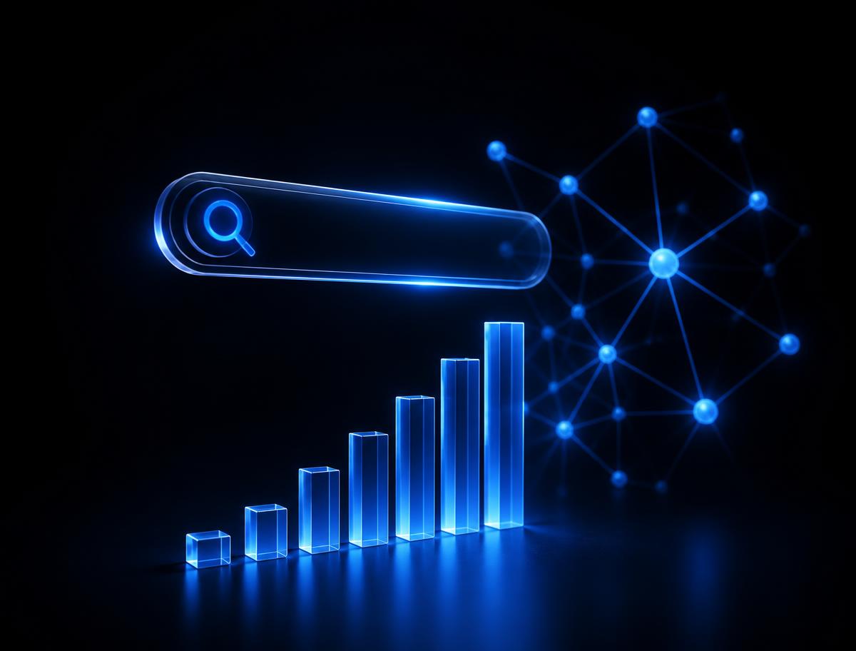 Search visibility growth chart connected to an AI knowledge graph