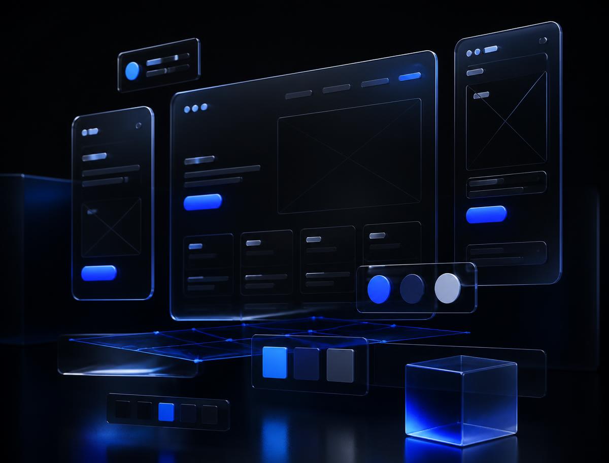 Modern website design system with wireframes and brand color swatches